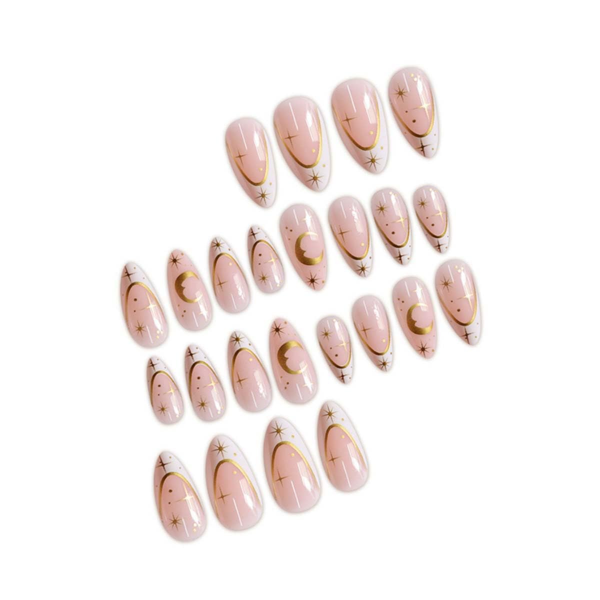 Almond Press On Nails Medium Fake Nails Star With Moon Design French Tip False Nails Full Cover Acrylic Artificial Nail Glossy Glue On Nail Nude Stick On Nails For Women Manicure 24pcs