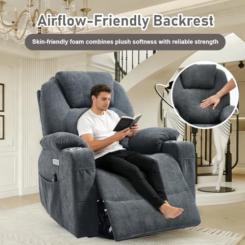 RHHVVR Electric Lift Recliner Chair, Overstuffed Zero-Gravity Recliner with Assisted Standing, Extra Wide Sofa with 8-Point Vibration Massage & Lumbar Heating, Medium-Soft, Grey