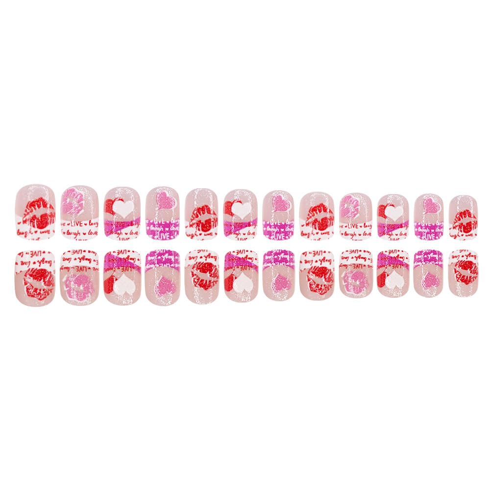 24Pcs Valentine's Day Press On Nails Short CEWEWP Square Fake Nails with Letter Heart Red Lips False Nail Full Cover Artificial Glue on Nail Valentines French Tip Stick on Nails for Women DIY