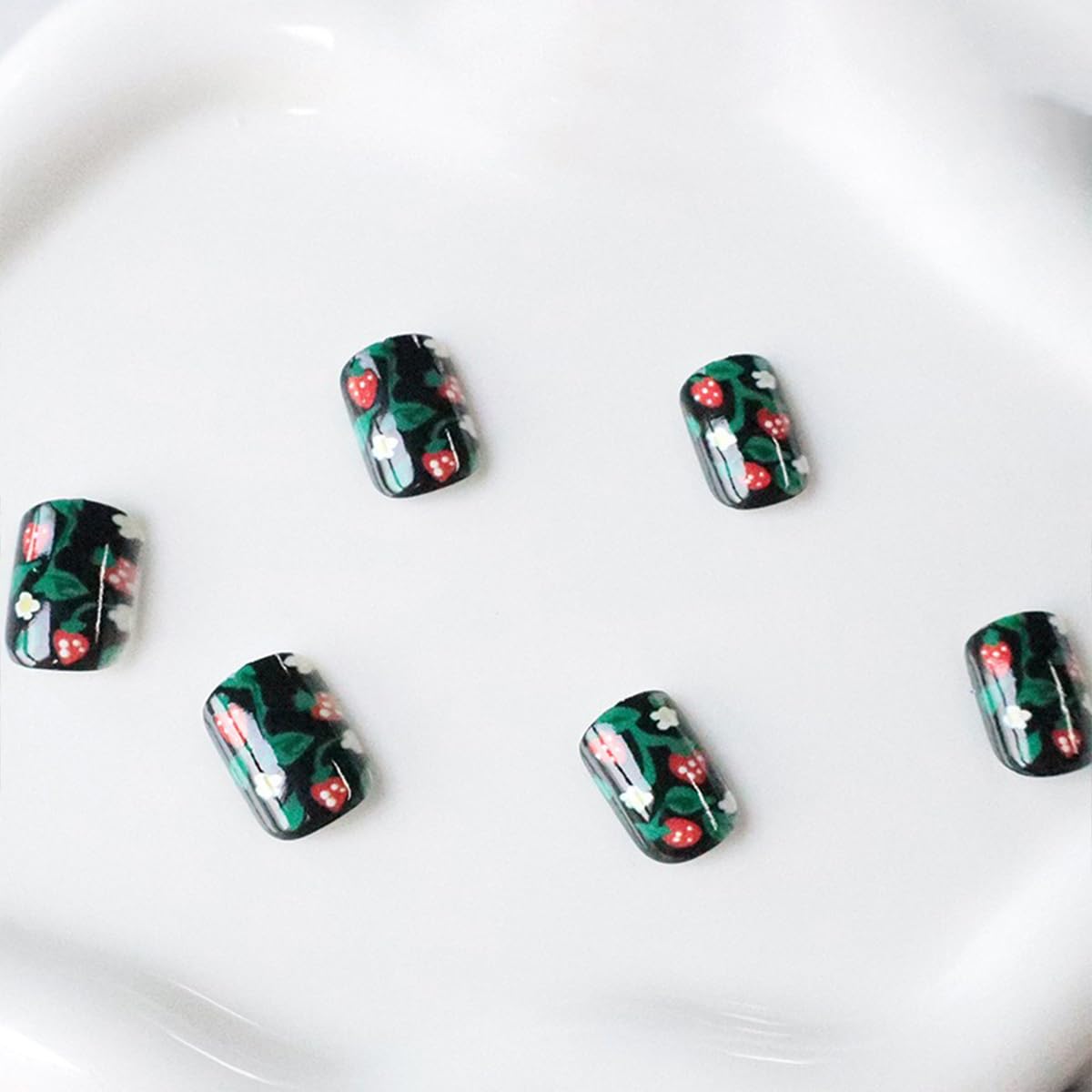 24Pcs Press on Nails Short Square False Nails with Cute Strawberry Nails Press on with Flower Leaves Design Black Acrylic Fake Nails Summer Full Cover Gloss Glue on Nails for Women Girls