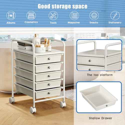 5-Tier Rolling Cart with 5 Drawers, Rolling Utility Cart with 2 Lockable Caster Wheels, Multipurpose Mobile Rolling Storage Drawer Cart for Office Bathroom Kitchen, Ivory White