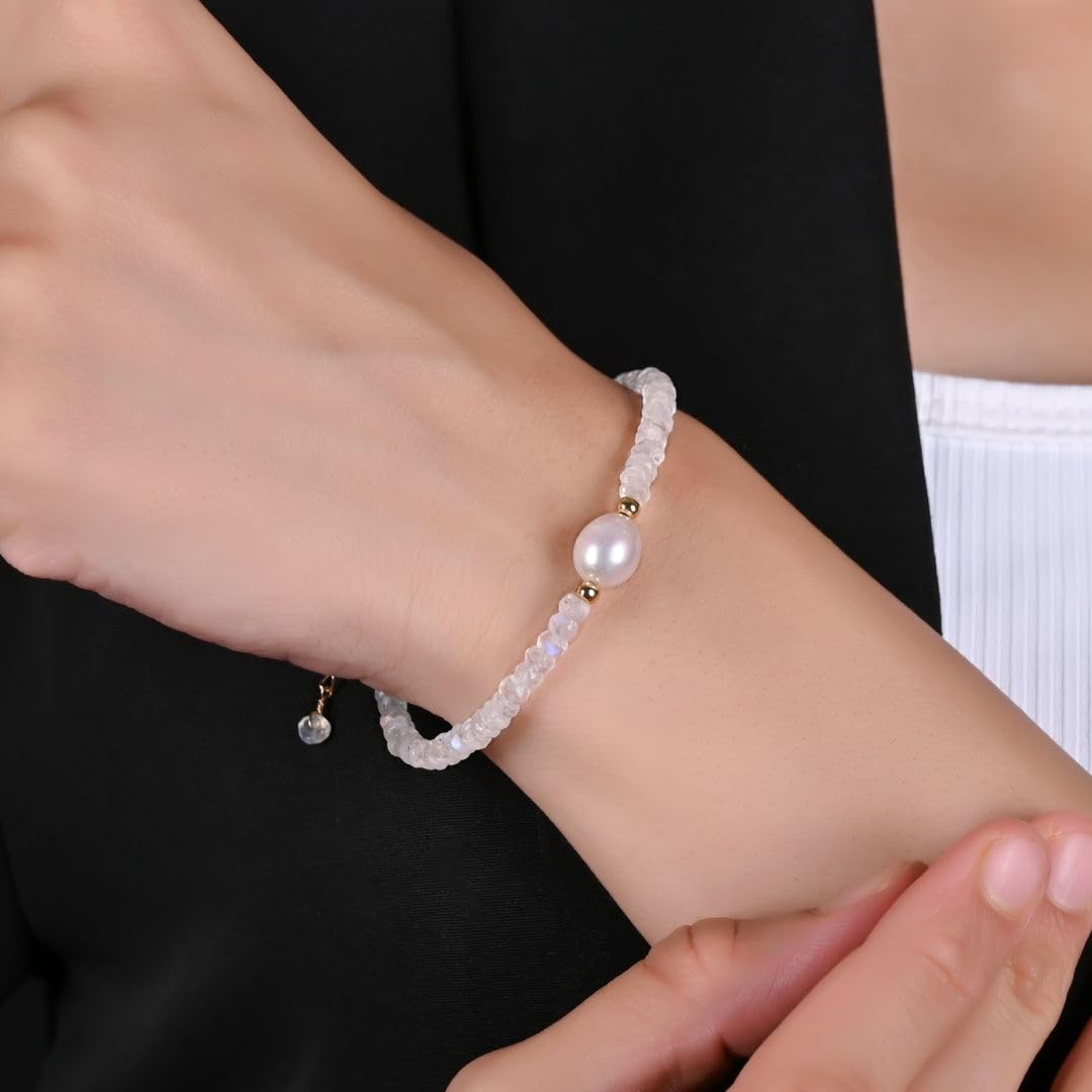Gempires Moonstone Beaded Bracelets with Freshwater Pearls Crystal Jewelry June Birthstone Handmade Bracelets Hypoallergenic 7.5 Inch Gold Plated New Beginning Gemstone Jewelry