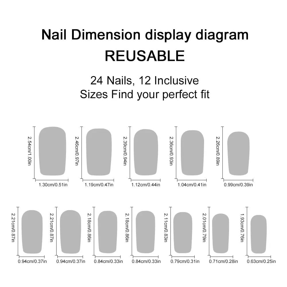 Square Press on Nails Medium - White French Tip Fake Nails with Glitter Design - Rhinestone, Bow False Nails Press ons - for Women 24 Pcs