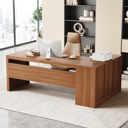 LITTLE TREE 78.7-Inch L-Shaped Executive Desk, Large Home Office Desk with 2 File Drawers and Storage Shelves (Warm Brown)