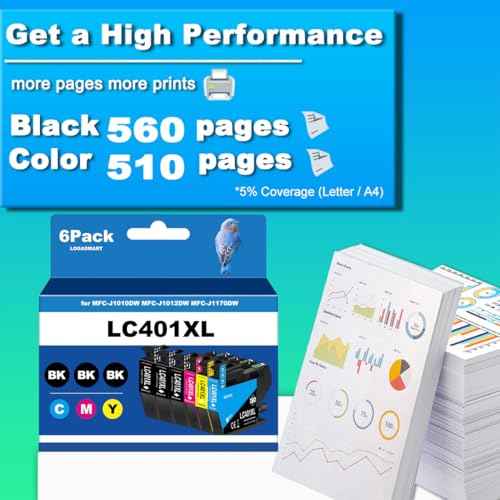 LC401XL Ink Cartridges for Brother Printer Compatible for LC401 Ink Cartridges for MFC-J1010DW MFC-J1012DW MFC-J1170DW Printer 6 Pack (3 Black, 1 Cyan, 1 Magenta, 1 Yellow)