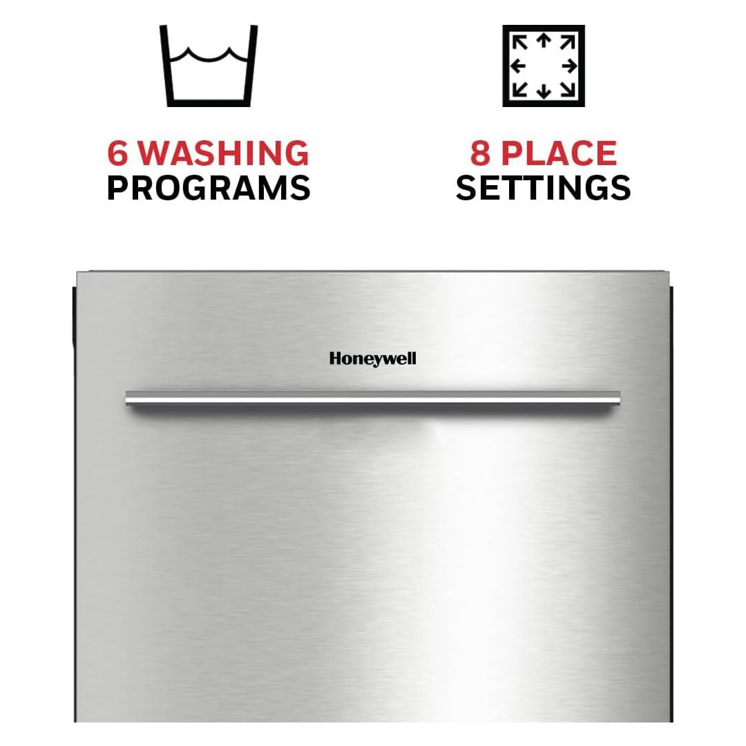 Honeywell 18-Inch Dishwasher with 8 Place Settings, 6 Washing Programs, Stainless Steel Tub, UL & Energy Star Certified, Stainless Finish