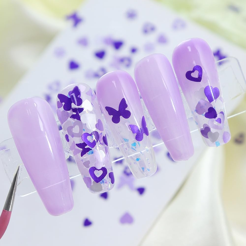 1 Box 2 Color Holographic Hearts Flower Nail Glitter Purple Nail Sequins 3D Butterfly Nail Flakes Sparkly Powder Flakes Shiny Nail Confetti Hollow Chunky Glitter for Nails Art 12 Grids