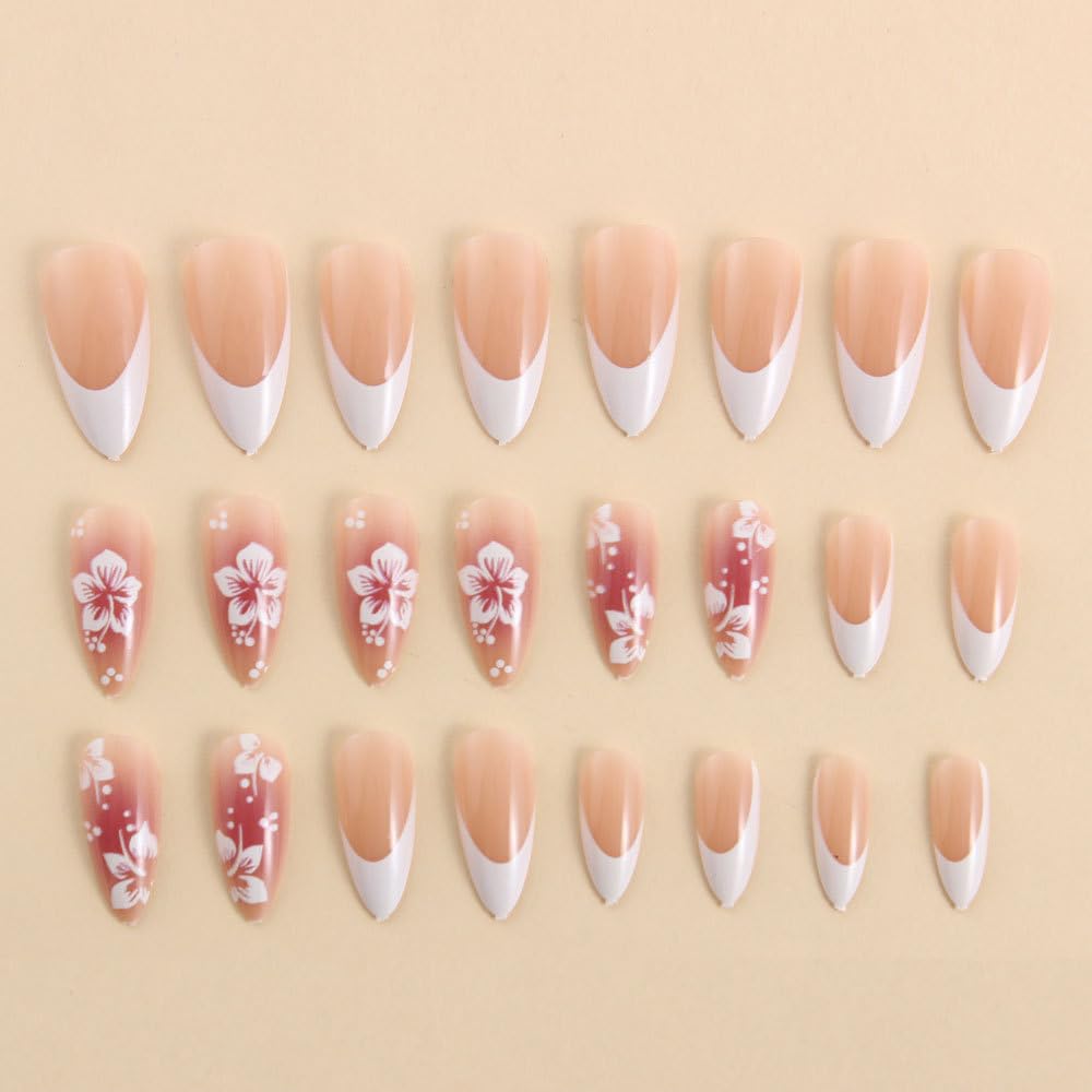 MINGCHUN Nude Pink Press on Nails Medium Almond White French Tip Fake Nails Press ons Acrylic Nail Art Kit Full Cover False Nails Glue on Nails with Flower Glossy Design for Women Nail Supplies 24Pcs
