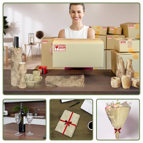 Honeycomb Packing Paper Wrap 15''x250', Substitute Alternative for Bubble Cushioning Wrap for Moving Shipping Packaging, Recyclable Moving Supplies with 60 Fragile Sticker Labels