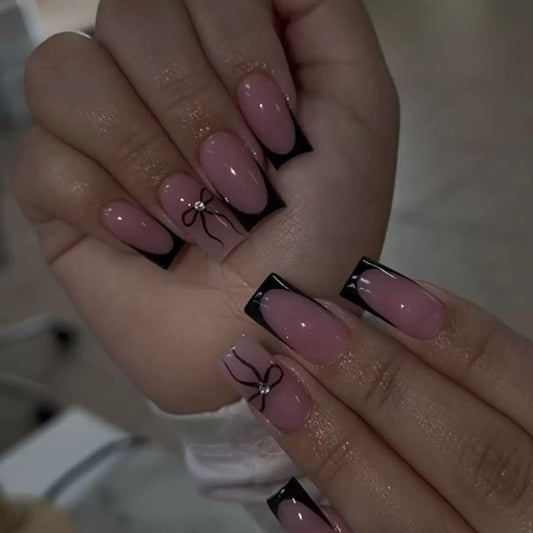 CTTHNBD Square Press on Nails Medium - Black French Tip Fake Nails with Bow Design - Nude Pink, Glossy False Nails for Women - 24 Pcs