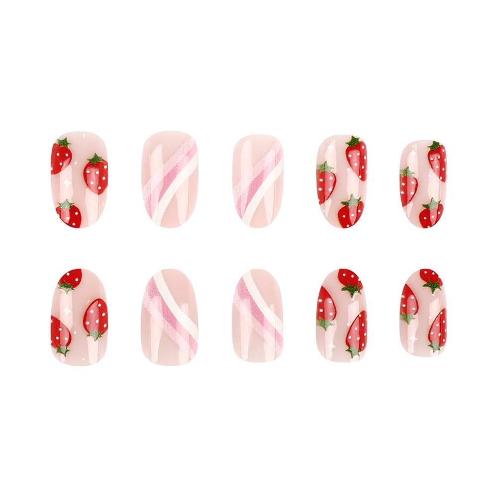 Cute Pink Press on Nails Short Oval Acrylic Fake Nails Sweet Strawberry False Nails with Stripes Design Glossy Artificial Glue on Nail Full Cover Stick on Nails for Women and Girls 24 Pcs