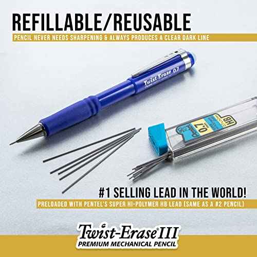 Pentel Twist-Erase III Mechanical Pencil, (0.7mm), Medium Line, Assorted Fashion Color Barrels, Pack of 4 (QE517FBP4M)