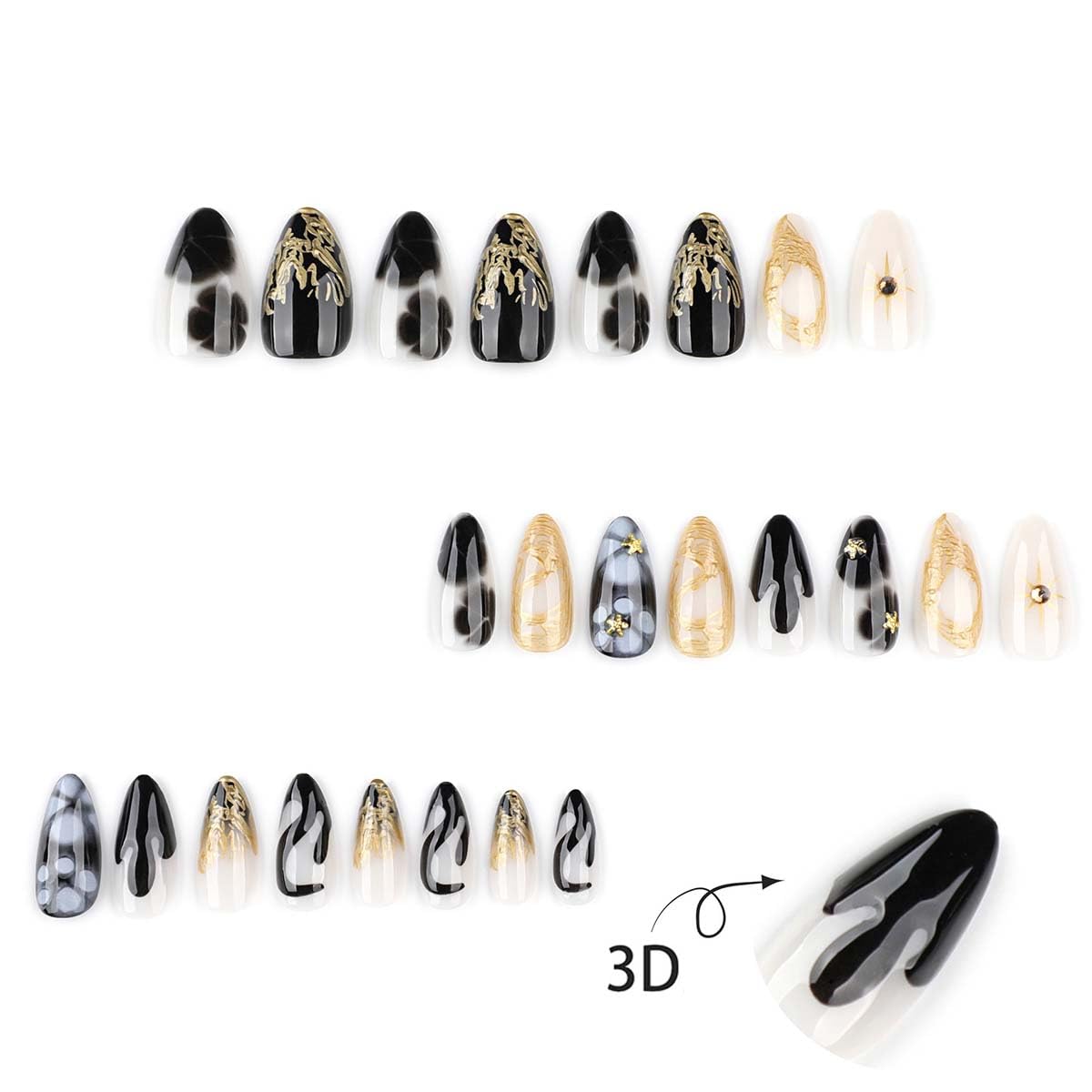 Almond Press On Nails Medium Fake Nails 3D Gold False Nails Flower Rhinestone With Gradient Design Artificial Nails Glossy Acrylic Stick On Nail Full Cover Glue On Nail For Women Manicure 24pcs