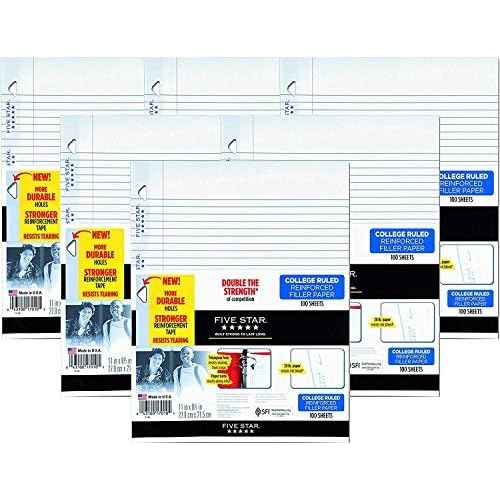 Five Star Reinforced Filler Paper, College Rule, 11 x 8 1/2, White, 100 Sheets (Pack of 6)