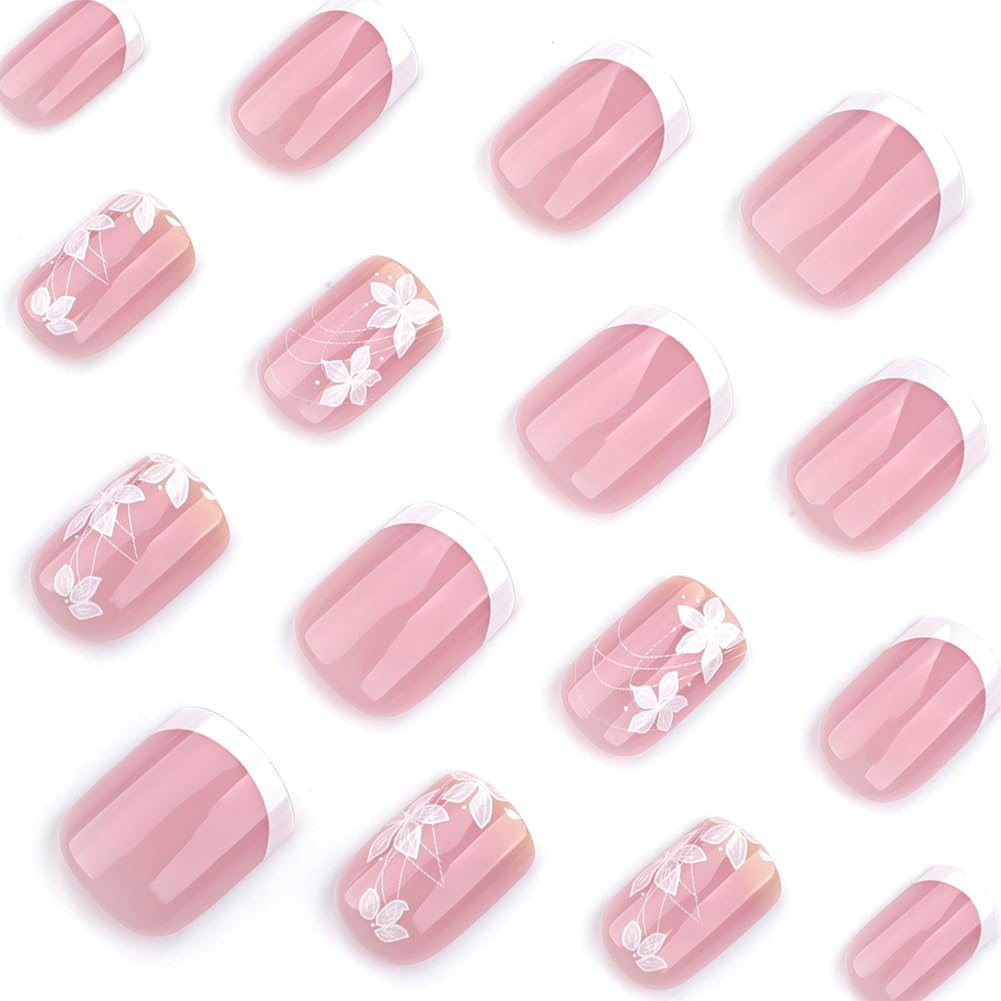Square Press on Nails 24PCS French Short False Nails Full Cover With Designs Fake Nail Kit Reusable Glossy Artificial Fake Fingernails Acrylic Cute Fale Nails For Women Girls Manicure