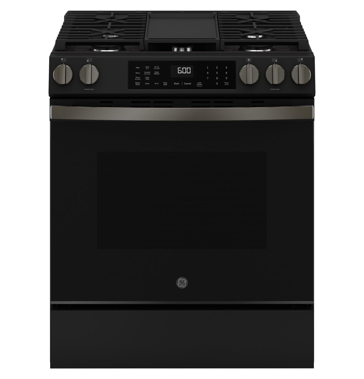 GE 30-Inch Slide-In Gas Smart Range with Convection, No-Preheat Air Fry, 5 Sealed Burners, Black Slate