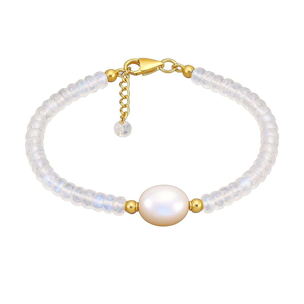 Gempires Moonstone Beaded Bracelets with Freshwater Pearls Crystal Jewelry June Birthstone Handmade Bracelets Hypoallergenic 7.5 Inch Gold Plated New Beginning Gemstone Jewelry