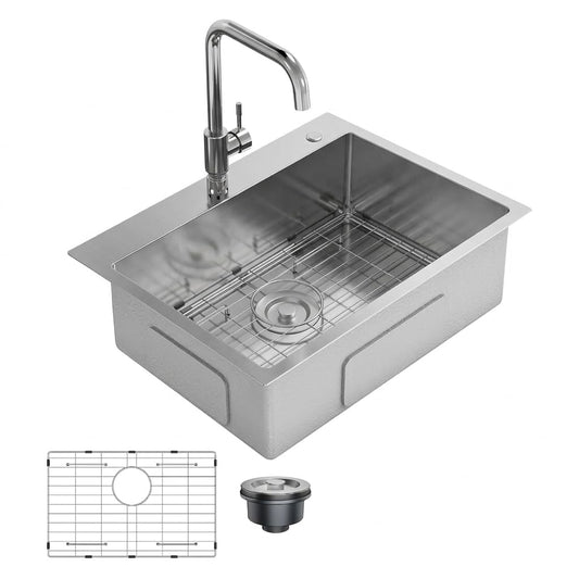 Drop in Kitchen Sink Workstation, Stainless Steel Single Bowl Sink with Cutting Board, Roll Up Rack and Drain Basket, Scratch Resistant Topmount Sink for Kitchen Prep and Cleaning