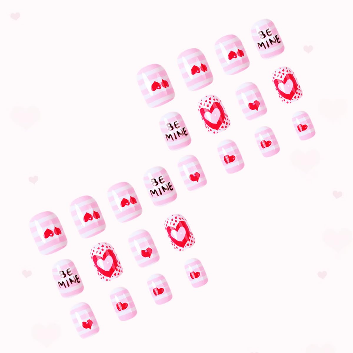 24Pcs Valentine's Day Press on Nails Short Square Glossy Fake Nails with Glue Full Cover Red Heart Pink White Stripe False Nails for Women Manicure Valentines Nail Decor Accessories Supplies