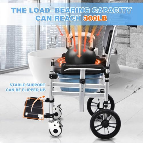 Shower Chair with Wheels 4 in 1 Folding Padded Bedside Commode Wheelchair Height Adjustable Detachable Bucket with Wheels Lifting Armrests Flip-up Footrest for Elderly Disabled (Black Tape and Sheet)