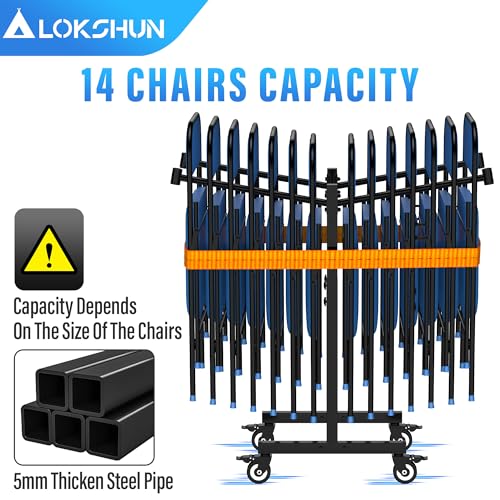 Folding Chair Rack,Chair Cart-Holds 12 Chairs,Compact Folding Chair Storage Rack-Adjustable Height,Sturdy Folding Chair Cart with 4 Locking Wheels and Pull Rope for Home,Office
