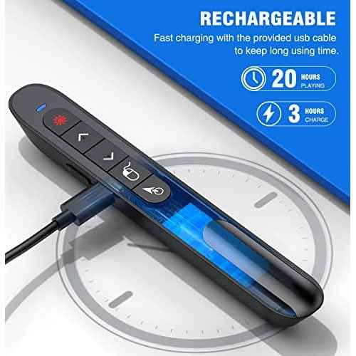 DINOSTRIKE USB-A and USB-C Presentation Clicker with Air Mouse Control, Rechargeable Wireless Presenter Remote PPT Pointer RF 2.4GZ PowerPoint Clicker Slide Advancer for Mac Computer Laptop