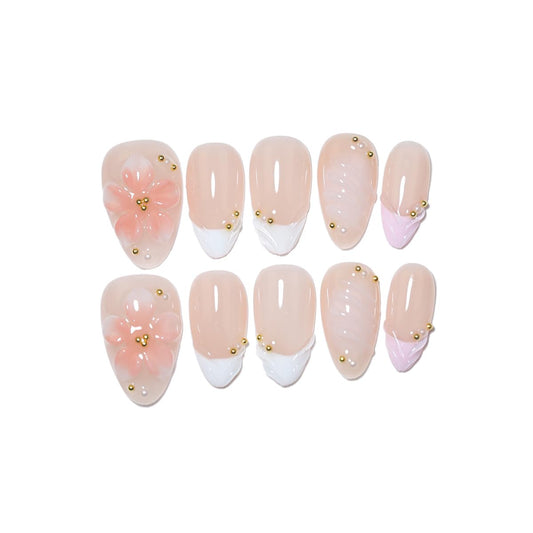 10 Pcs Short Almond Handmade Press On Nails | 3D Pink Floral & French Tip, Pink Swirl & Gold Dot Accents| Skip Salon Trips, Easy to Apply & Remove, Reusable (RR09, S)