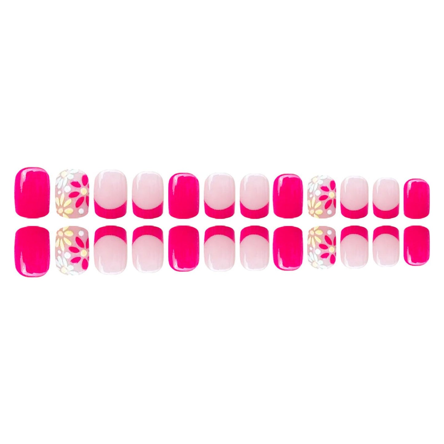 Floral Medium Square Press on Nails Nude Base Neon Pink Floral Accents French Tip Details Glossy Finish Reusable Spring Nails Easy Apply Fashion Party Wear Durable Trendy Women Girls Nail Art 24 Pcs