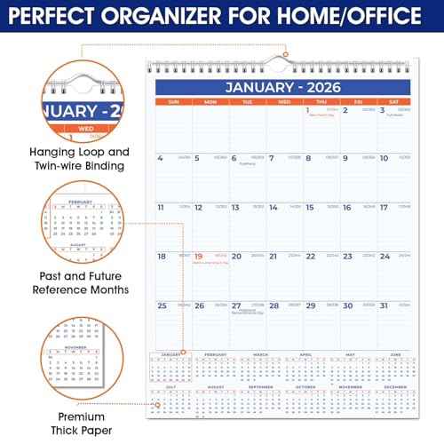 2026 Wall Calendar - January 2026 - December 2026, 12 Monthly Hanging Calendar, 2026 Planner, Size 11" x 17", Spiral Binding, Holidays, Julian Dates, Large Blocks, Twin-Wire Binding, Hanging Hook