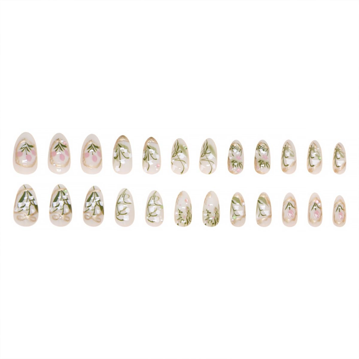24Pcs Green Press on Nails Medium Almond Fake Nails 3D Pearl Rhinestones Design Gold French Tips Flower Acrylic Nails Glue on Nails Spring False Nails White Floral Full Cover for Women Manicure Salon