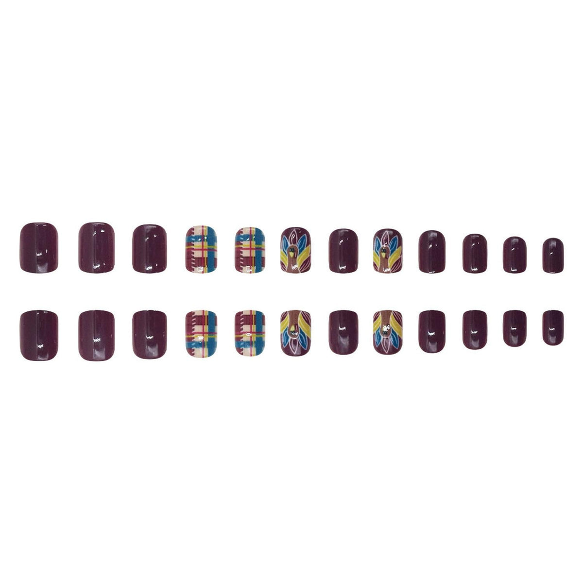 24pcs Thanksgiving Press on Nails Short Square Fake Nails Full Cover Brown False Nails with Stripe Grid designs Turkey Fall Glue on Nails Glossy Reusable Cute Acrylic Press ones for Women Girls Autumn