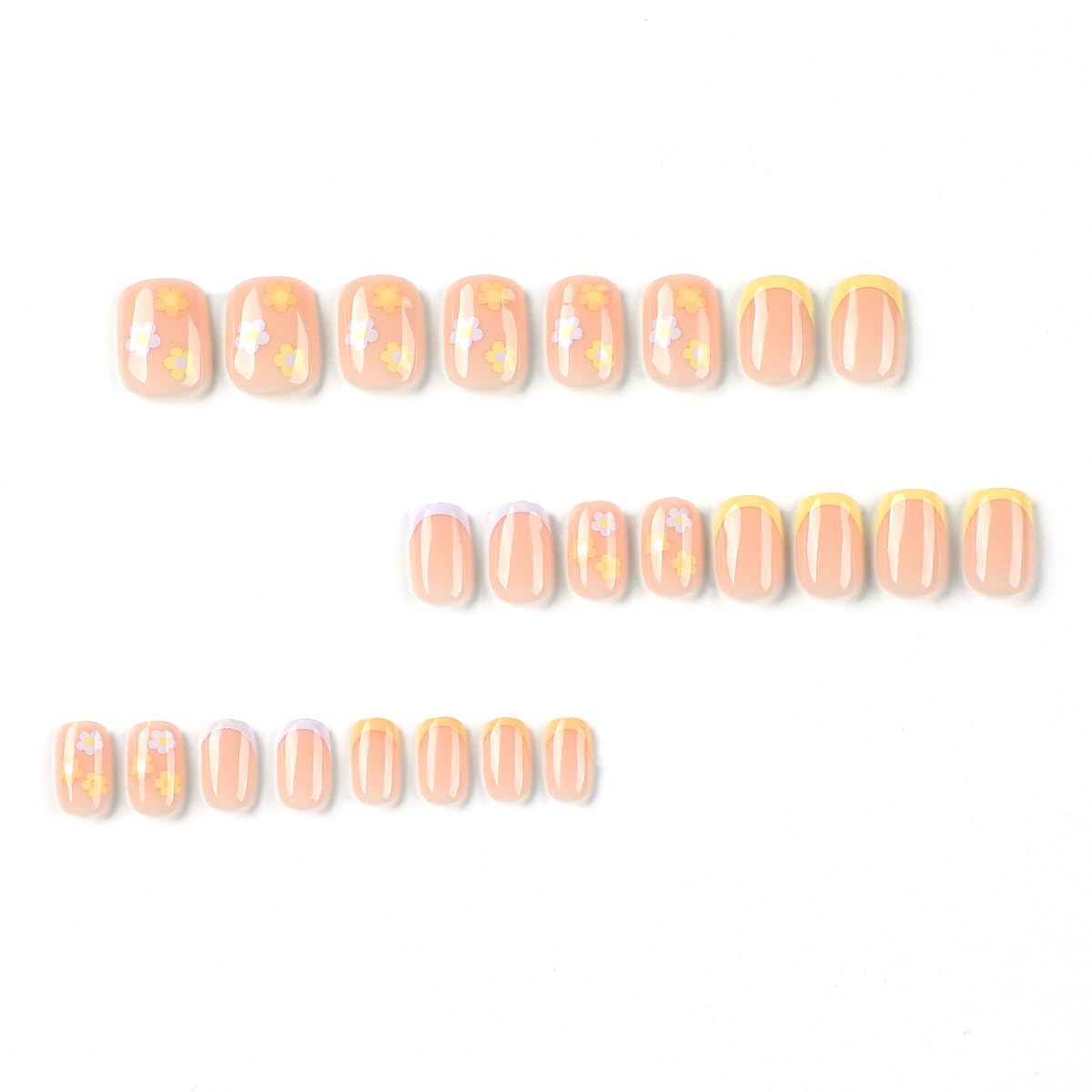 French Tricolor Short Square Press on Nails, fall False Nails with Cute Fflower Pink Design, Glossy Gel Finish Acrylic Nails, Thick Natural Reusable Nail Glue Set For Women, 24 pieces