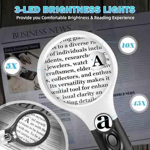 Compact Magnifying Glass with Lights,45X 10X 5X Small Handheld Lighted Magnifier, 3 LED Light Magnifying Glass for Reading Small Prints & Low Vision Seniors B&W