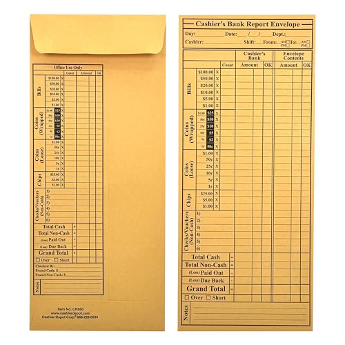 500 Cashier Depot - Cashier's Bank Report Envelopes CR680, 4 1/2" x 10 3/8", Sturdy 24lb. Brown Kraft, Gum Flap Cash Bank Deposit Envelopes for Retail, Restaurants, Casinos, Hotels & Small Business
