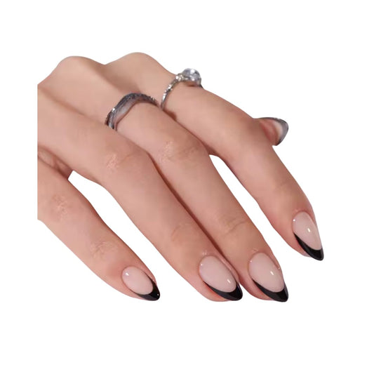Nailfeen GelTech™ Press-On Nails - "French is That Girl" | Black French Tip | Short Almond, Soft Gel Nails | 30 Nails in 15 Sizes
