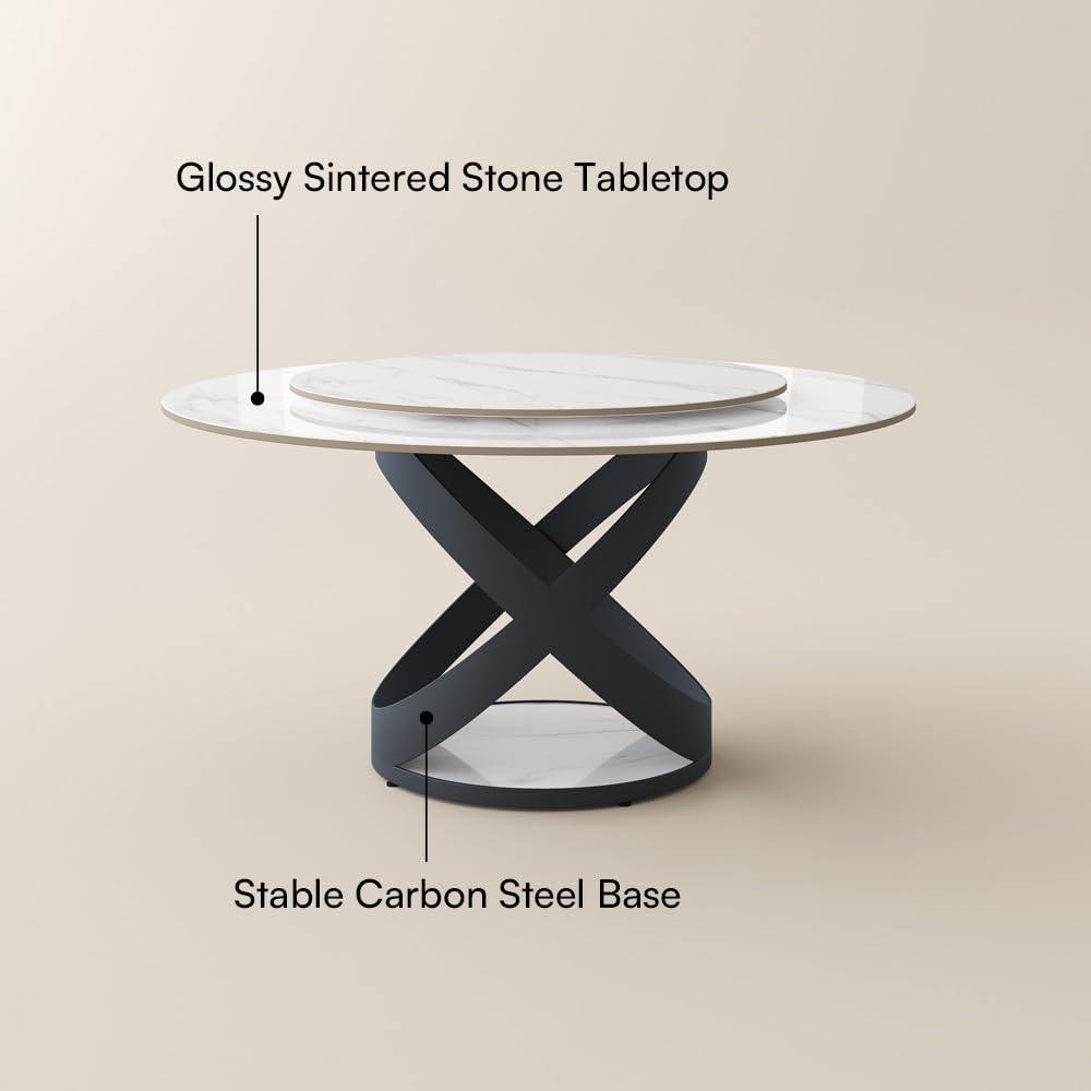 POVISON 59" Modern Dining Table, Glossy White Round Dining Table for 6 Built in Lazy Susan, Sintered Stone Dining Tabletop with Black X Carbon Steel Base (Table Only)
