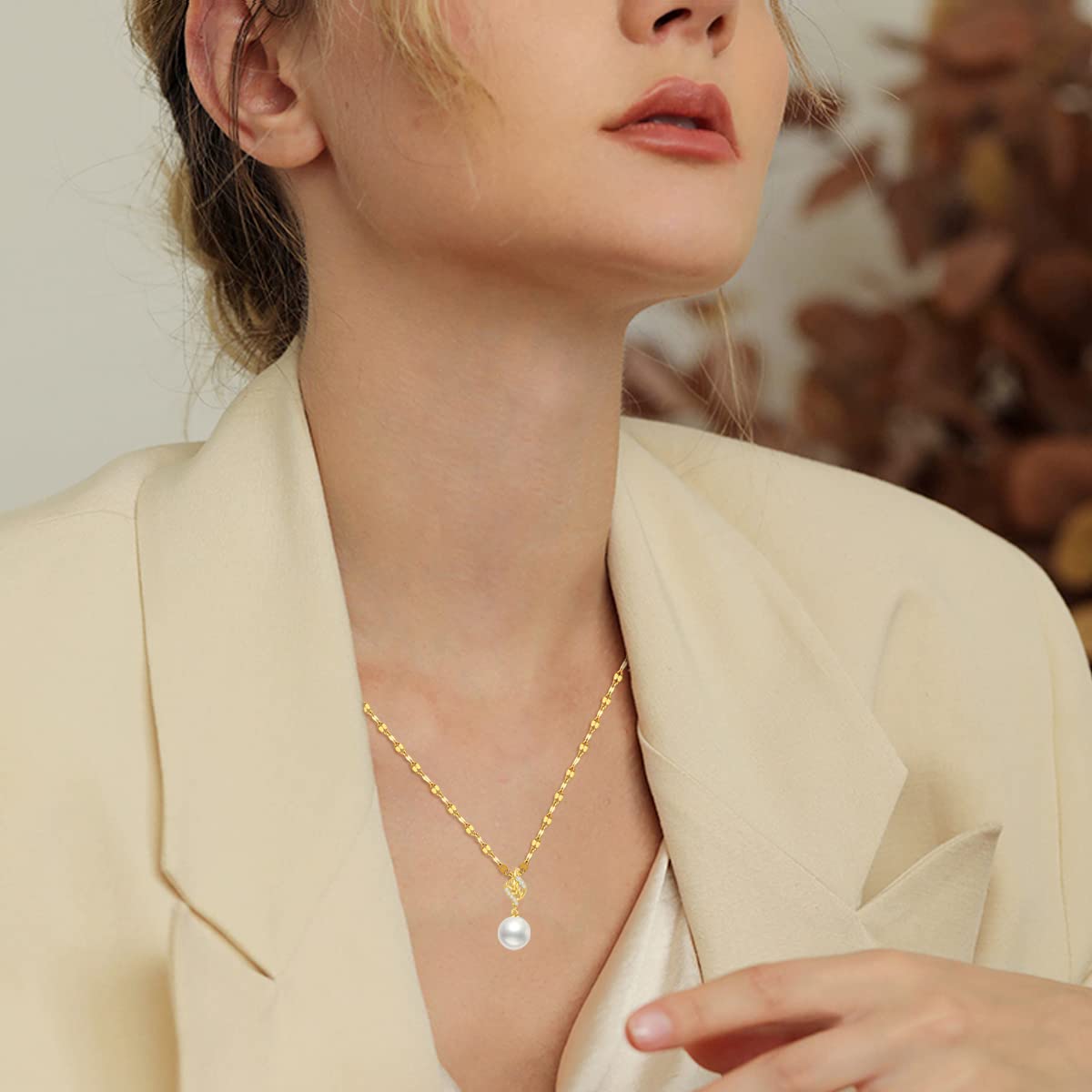 14K Gold Diamond Leaves Pearl Necklace (with 14k Gold Lip Chain) and Earrings set for Women