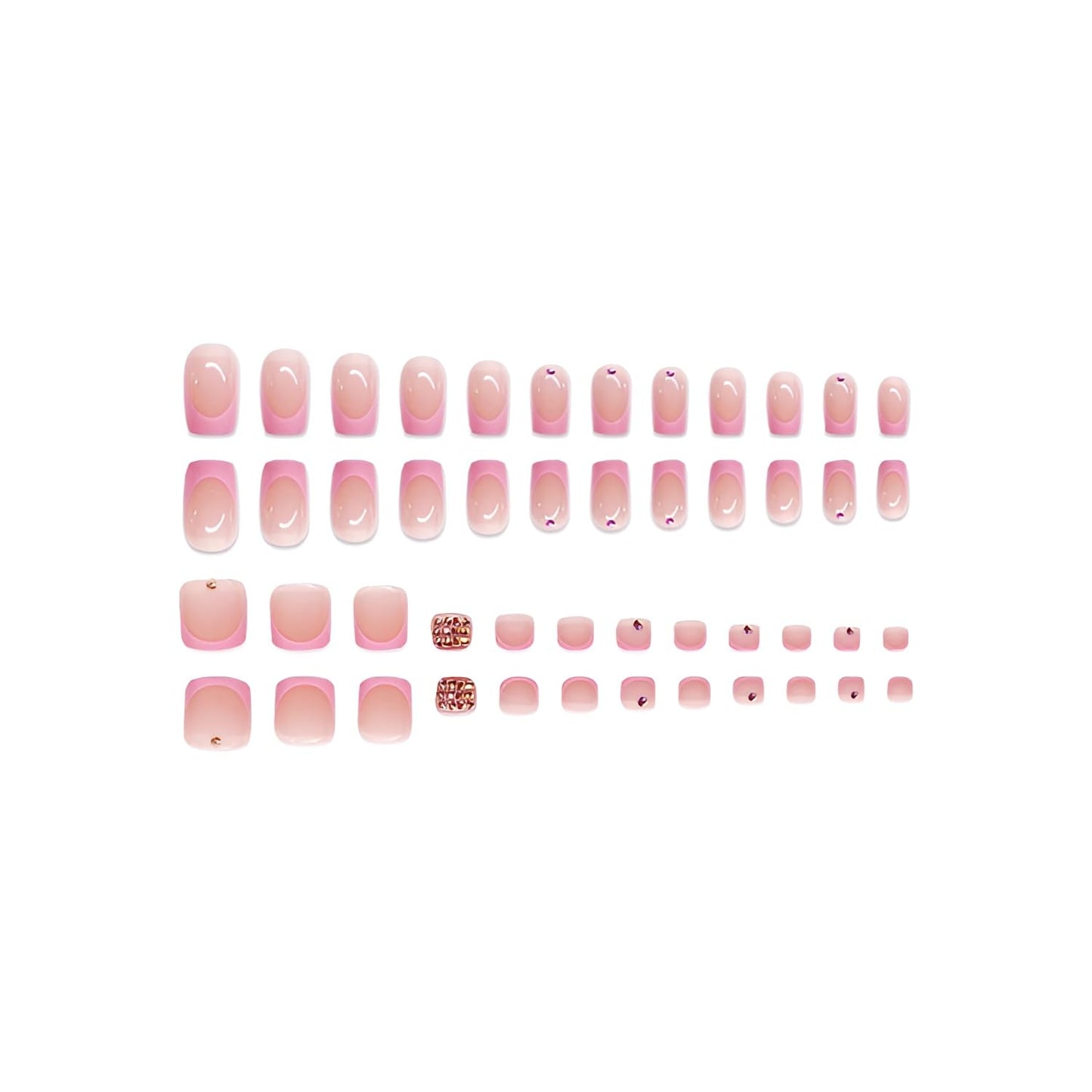 48Pcs Pink French Tip Press on Nails Short Square Fake Toe Nails Pink Nails Press Ons Rhinestones False Toenails Glossy Glue in Nail French Tip Stick on Toenail for Women Decorations Set