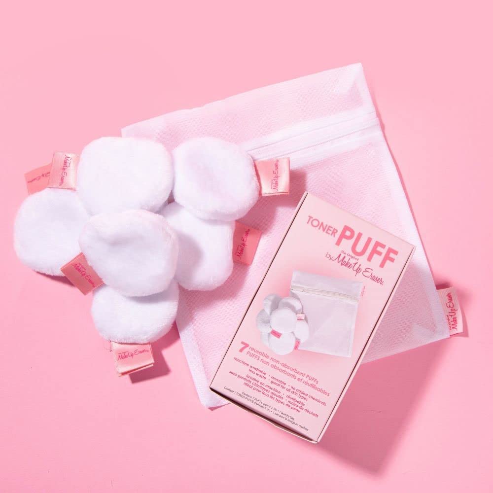MakeUp Eraser Toner Puff 7pc Set, Reusable and Machine Washable Rounds, Laundry Bag Included