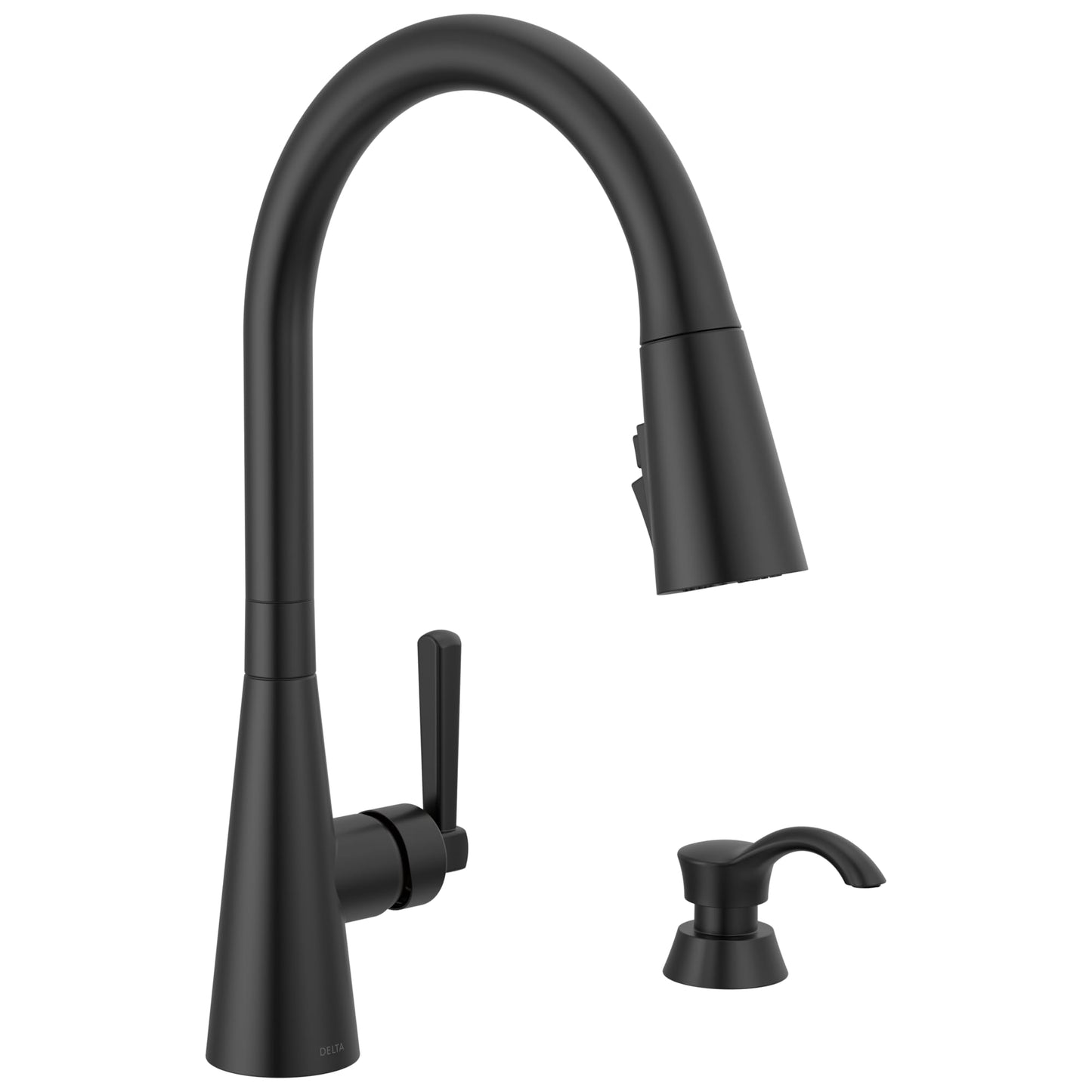 Delta Boyd Matte Black Kitchen Faucet with Pull Down Sprayer and Soap Dispenser, Modern Single Hole Kitchen Sink Faucet, Single Handle, Matte Black 19893Z-BLSD-DST