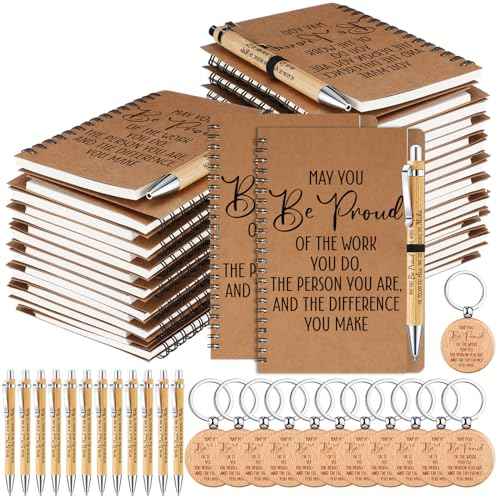 Gueevin 90pcs Employee Appreciation Gifts Bulk Inspirational Spiral Notebook with Motivational Bamboo Ballpoint Pens Appreciation Keychains for Nurse Teacher Employees Coworker