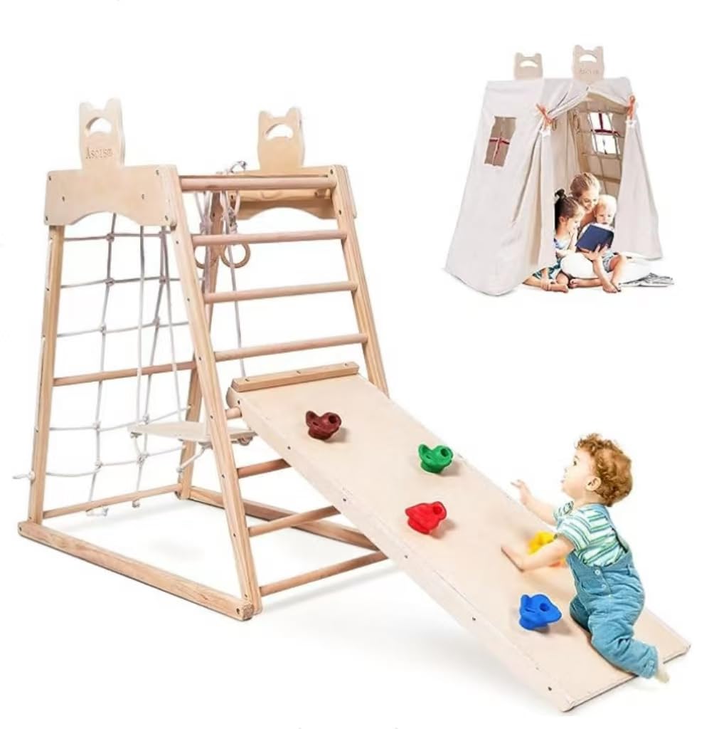 Ascism Jungle Gym Indoor (8 in 1) Wooden Indoor Playground, Toddler Wooden Climbing Toys, Montessori Playset, Gym with Slide, Climbing Net, Swing, Tent, Gymnastics Ring…