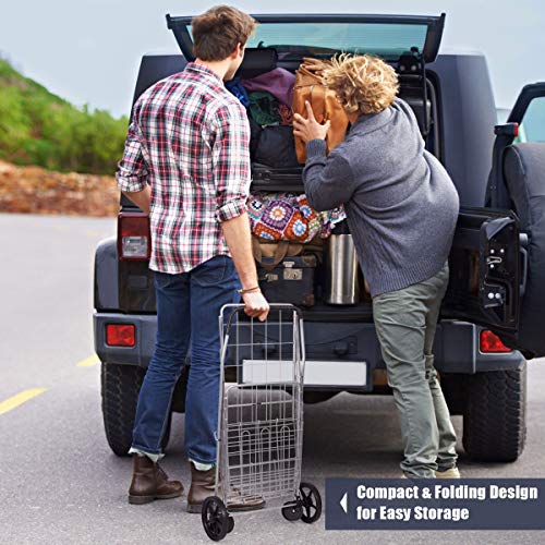 Nightcore Folding Shopping Cart, Large Grocery Utility Cart with Swiveling Wheels & Dual Storage Baskets, Light Weight Trolley with Portable Handle, Ideal for Laundry Book Luggage Travel (Silver)