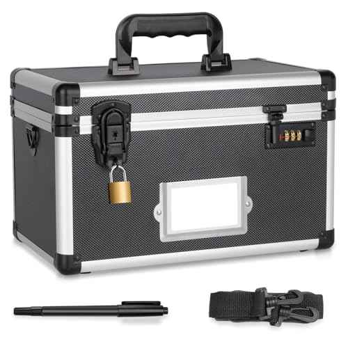 Medication Lock Box, Lockable Storage Box with Dual Locks (Combination & Padlock), Lockbox with Shoulder Strap & ID Label Slot, for Valuables and Medicine(13.4 x 7.5 x 8.3 Inch, Black)