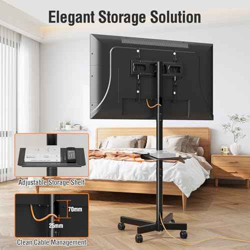 ELIVED Mobile TV Stand for 23-60 Inch Flat Screen TVs, Tilt TV Cart with Adjustable Shelf & Locking Wheels, Rolling TV Floor Stand Max VESA 400x400mm, Portable TV Stand Holds Up to 77lbs.