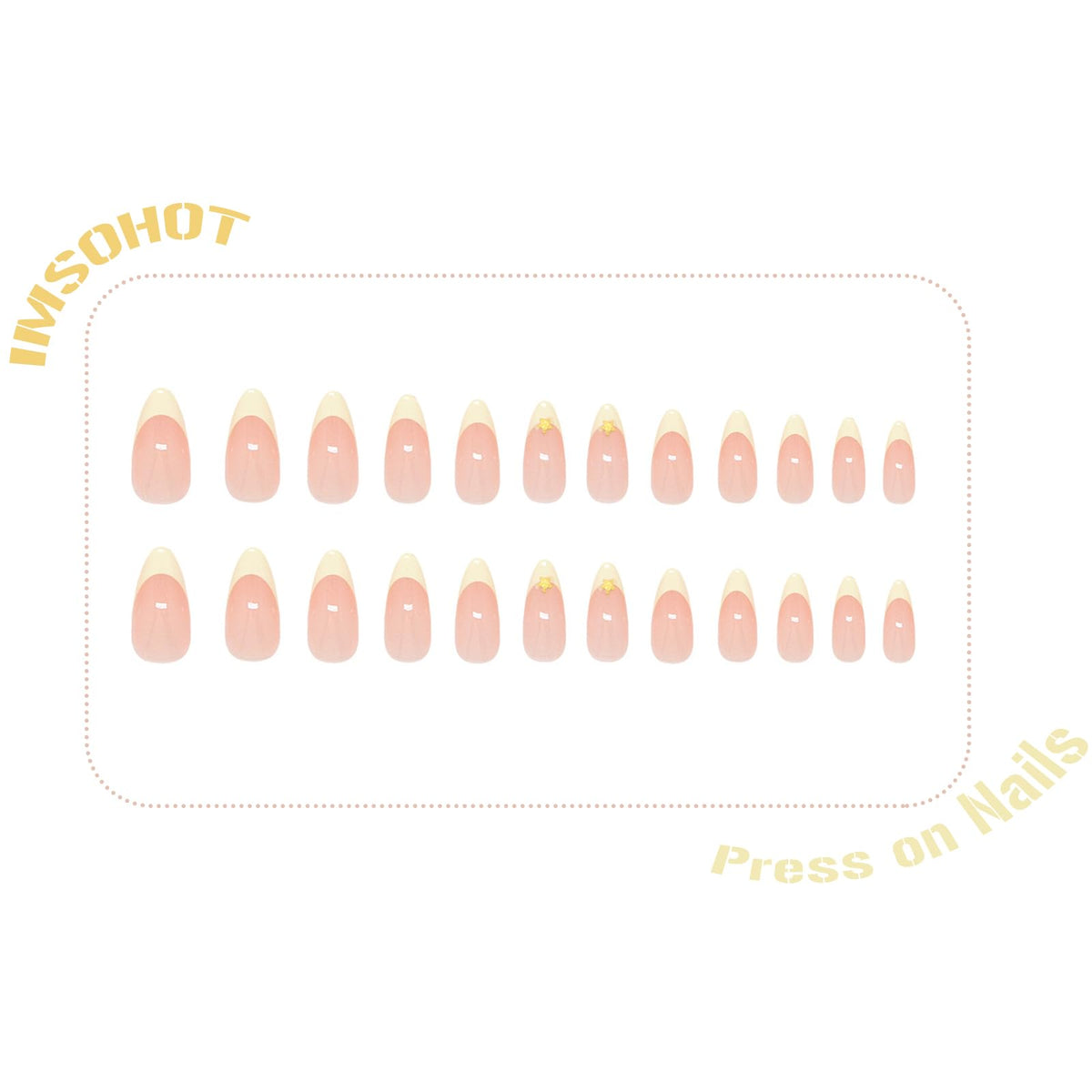 IMSOHOT Press on Nails Long Stiletto Fake Nails with Golden Star Charms Designs Yellow French Tip Glossy Acrylic False Nails Full Cover Gel Almond Nail Supplies