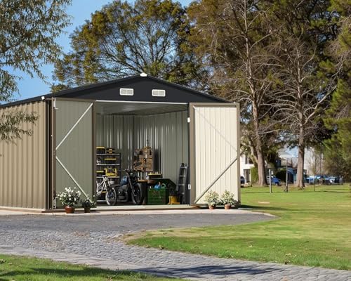 Greesum 10x10FT Outdoor Storage Shed, Utility Tool Shed Metal Storage Shed with Door & Lock for Patio Storage, Garden, Lawn, Brown