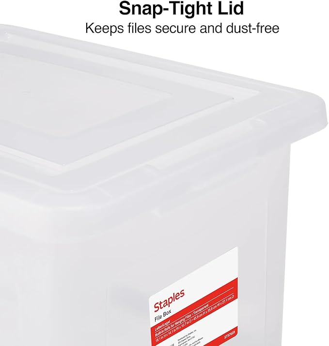STAPLES Plastic File Box with Snap Lid, Letter/Legal Size, Clear, 4/Carton