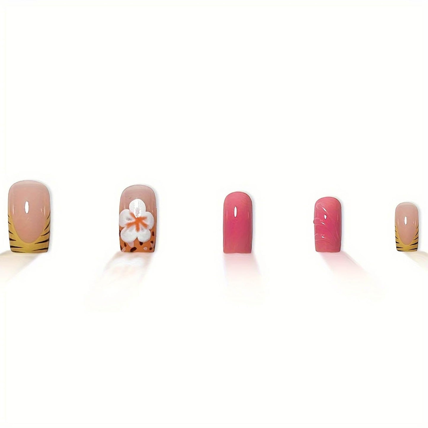 Short Press on Nails Square French Tip Fake Nails Pink Blue Glue on Nails with 3D Swirl and Flower Designs Acrylic Nails Press ons Full Cover Stick on Nail for Women Manicure 24Pcs