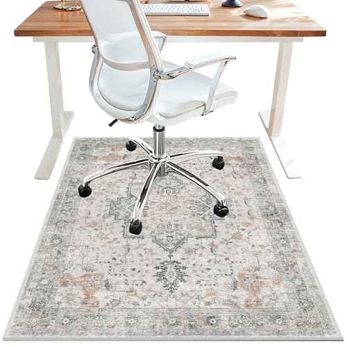 48"x60" Office Chair Mat for Hardwood Tile Floor, Under Desk Carpet Protector for Rolling Computer Chair Mat, Machine Washable Area Rug, Anti-Slip 1/5" Thick Low Pile Thin Vinyl Floor Mat, Taupe